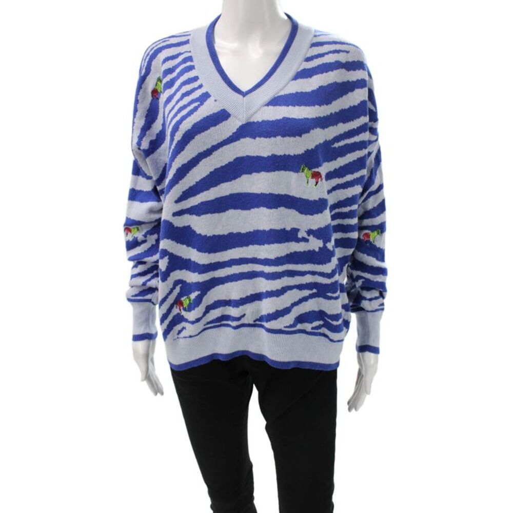 WISPR Womens Pullover V-Neck Zebra Print Blue Long Sleeve Size M